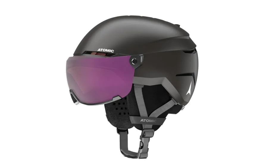 Schwarzer Skihelm mit visier und reflektierender Scheibe